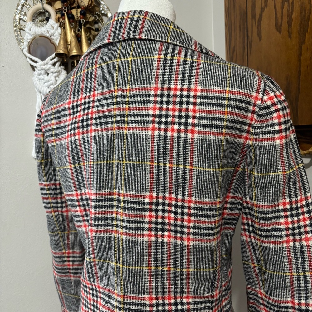 70s Vintage Wool Blazer Suit Jacket Size XS Handmade Checkered Plaid Red Black - Picture 5 of 11